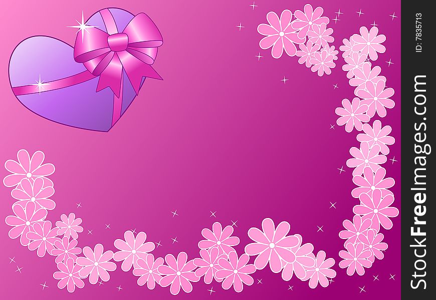 Pink Valentine background with a wrapped purple heart, sparks and flowers. Pink Valentine background with a wrapped purple heart, sparks and flowers