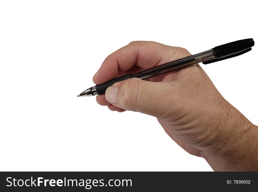 Hand with pen on white background. black pen, man's hand