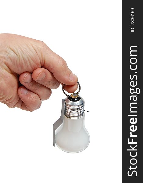 Hand lamp - grenade in a man's hand. Isolated on white.