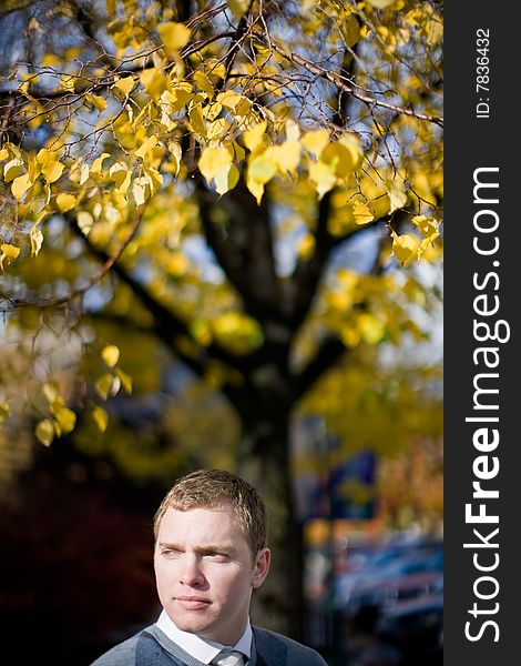 A man is standing underneath a tree looking concerned as he looks away in the fall season. A man is standing underneath a tree looking concerned as he looks away in the fall season