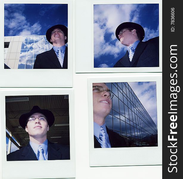 Many pictures of a business man and business building put together with a young businessman wearing black hat and suit with a smile and glasses. Many pictures of a business man and business building put together with a young businessman wearing black hat and suit with a smile and glasses