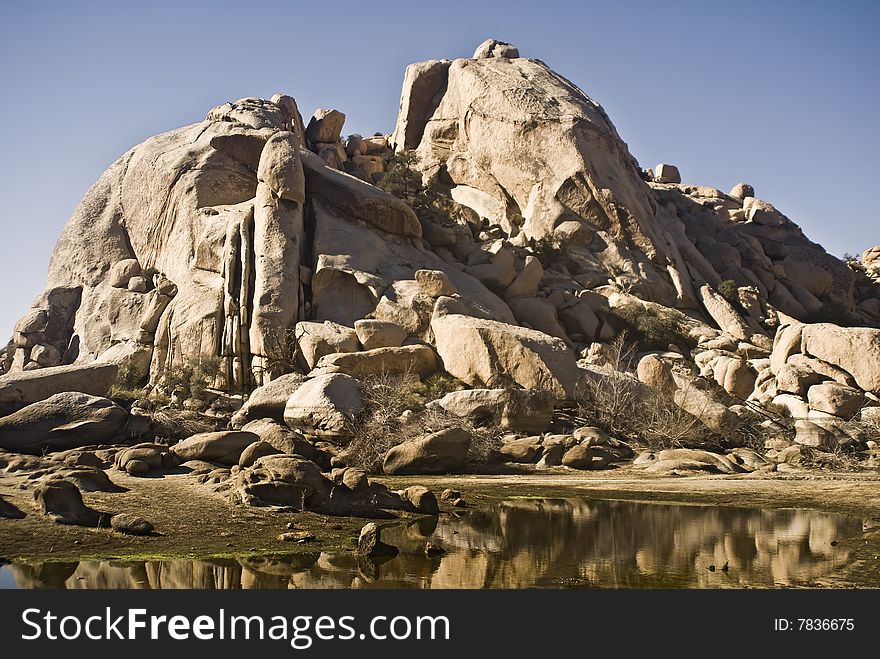 This is a picture of desert water and reflections behind Barker Dam, a natural dam at Joshua Tree National Park.