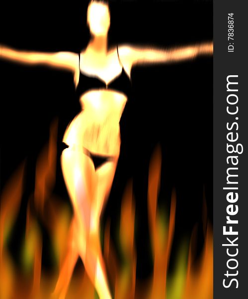 Woman in black bikini behind flaming fire