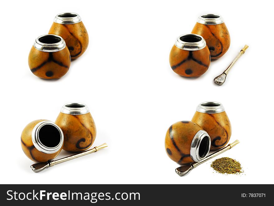 Yerba mate gourds isolated on white. Set of four pictures.