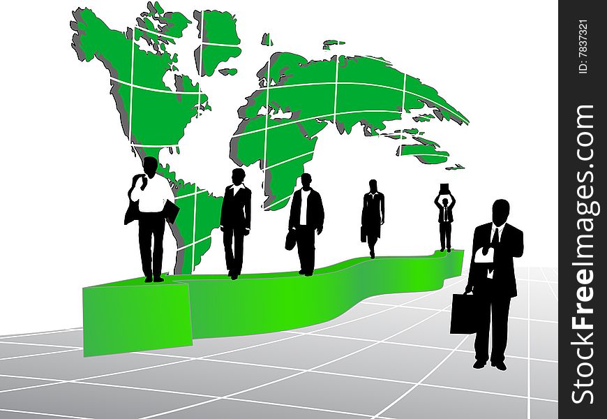 Illustration of business people and map