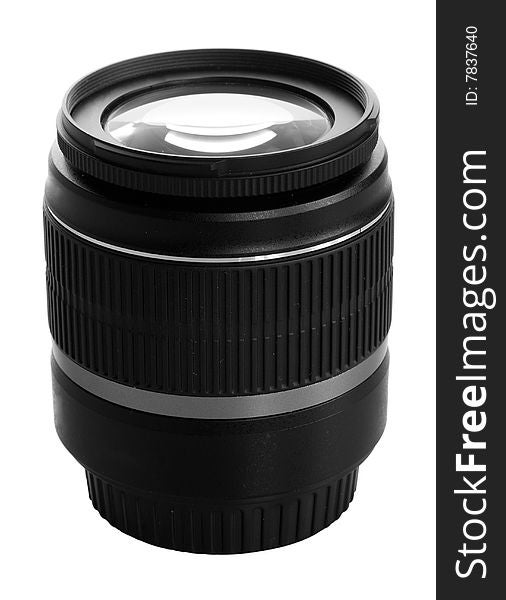 Black zoom lens for camera, isolated on white