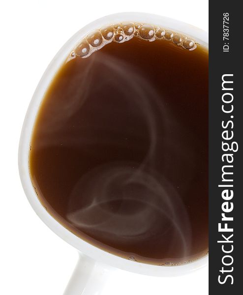 Close-up cup of coffee with vapor, isolated on white