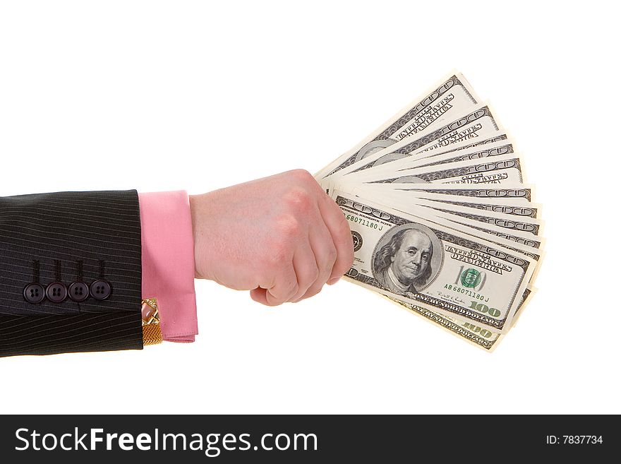 Businessman hand with money isolated in white background