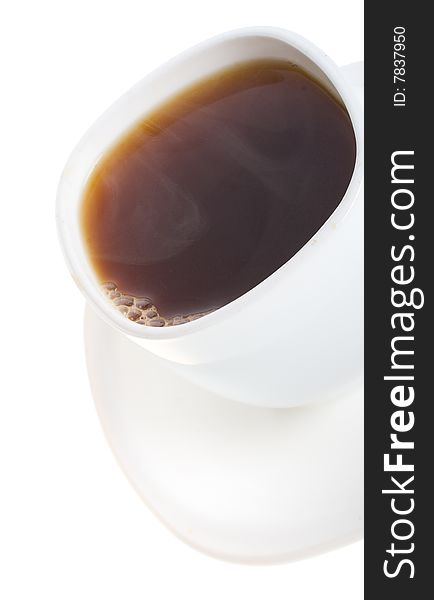 Close-up cup of coffee with vapor, isolated on white