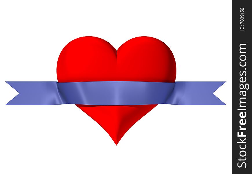 Red heart with a dark blue tape which bends around heart. Red heart with a dark blue tape which bends around heart.