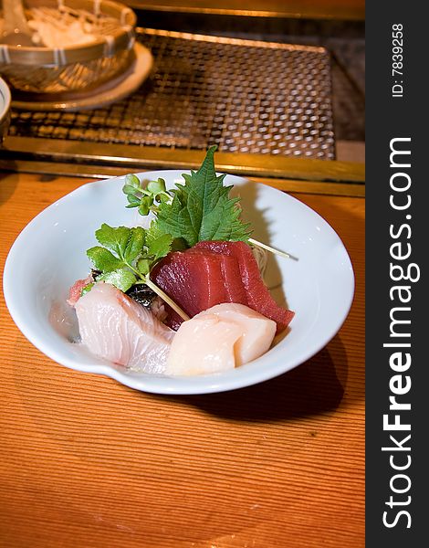 Authentic traditional Japanese Sashimi Tuna and Scallop. Authentic traditional Japanese Sashimi Tuna and Scallop