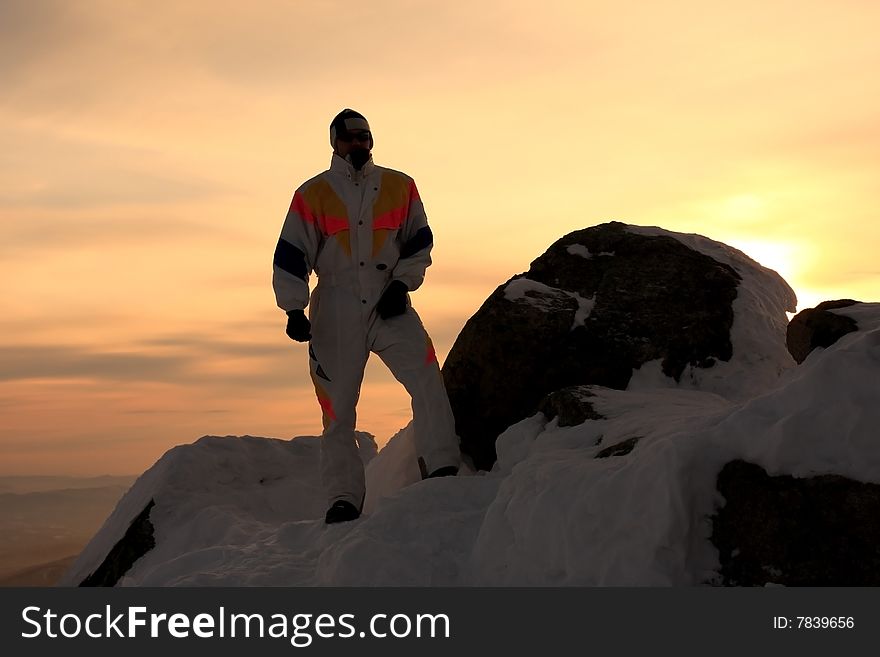 Mountain-skier. Sunset. Mountain Shoriya. Sheregesh. Russia.