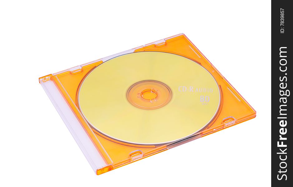 Detail view of the compact disk in the jewel case isolated on white. Detail view of the compact disk in the jewel case isolated on white