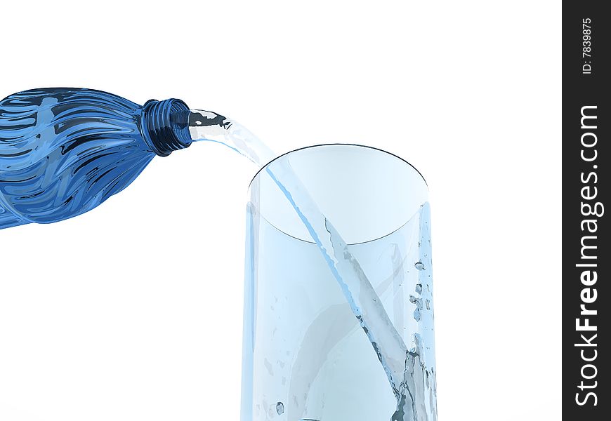 Bottle, water and glass on white background