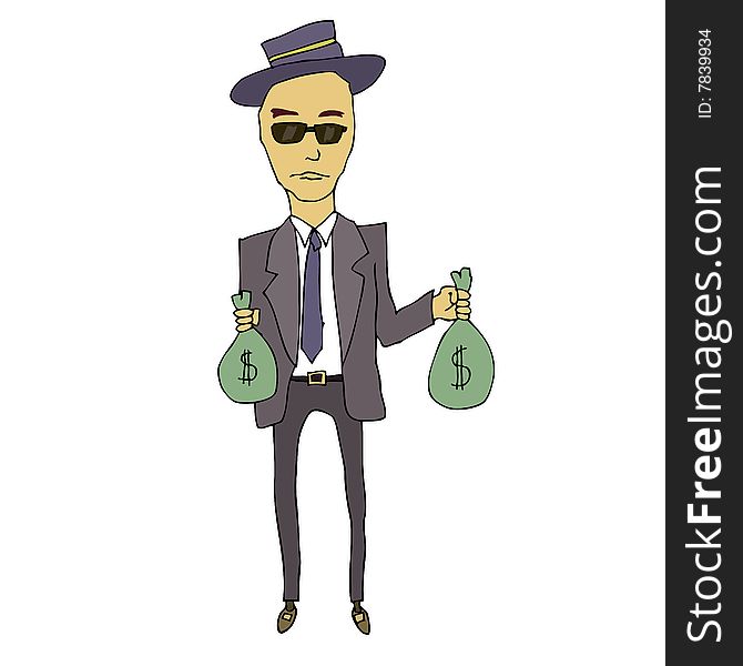 A gangster holds two bags filled with money.
