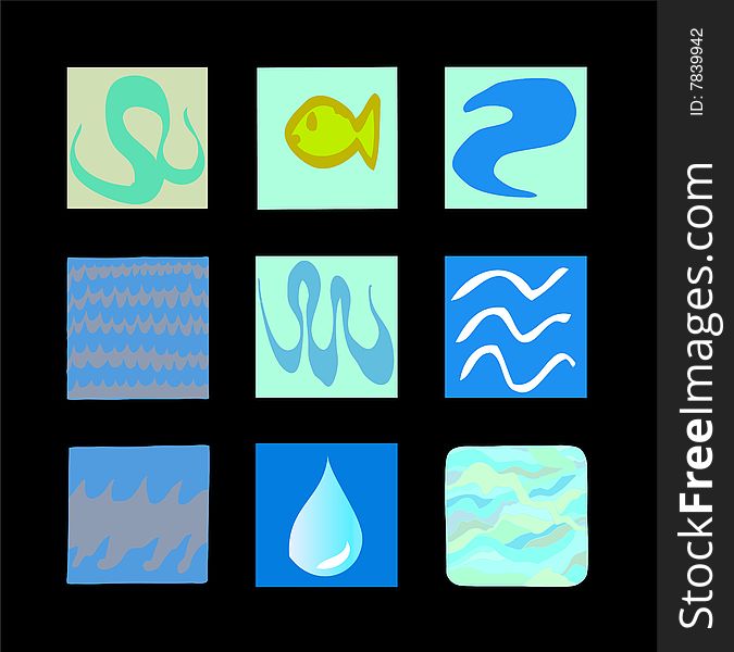 A simple set of nine water icons incuding waves, drips, lines and a fish.