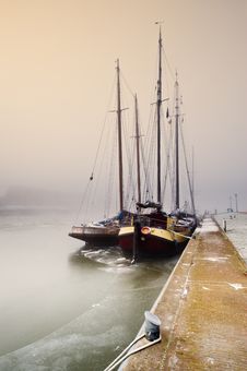 Sailing Boat On A Cold Day In Winter Stock Image
