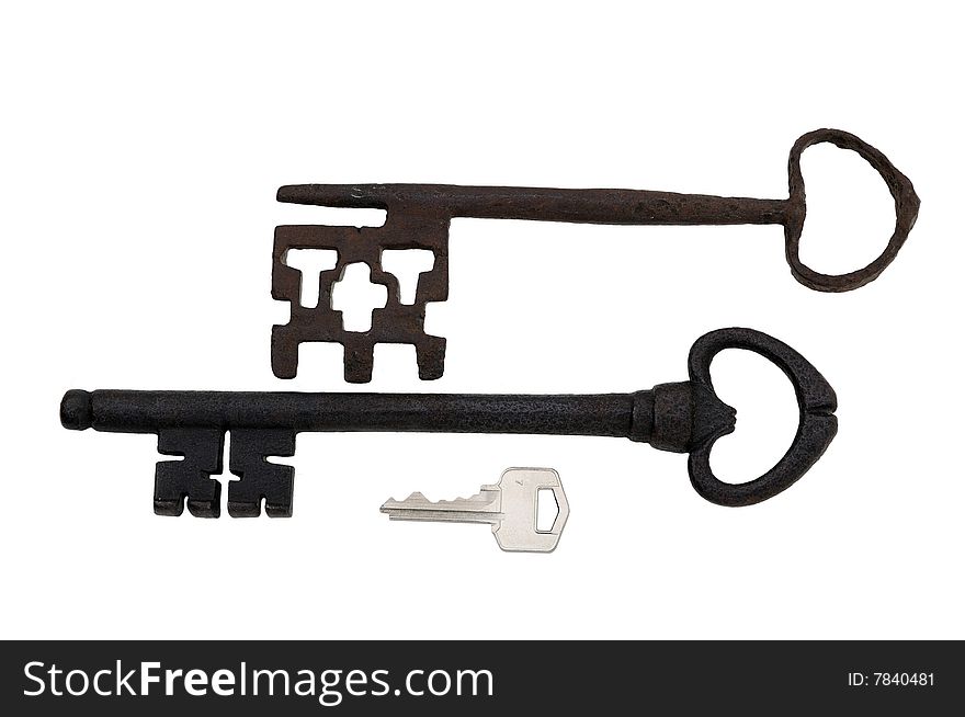 A rusted old fashion key over a white background. A rusted old fashion key over a white background