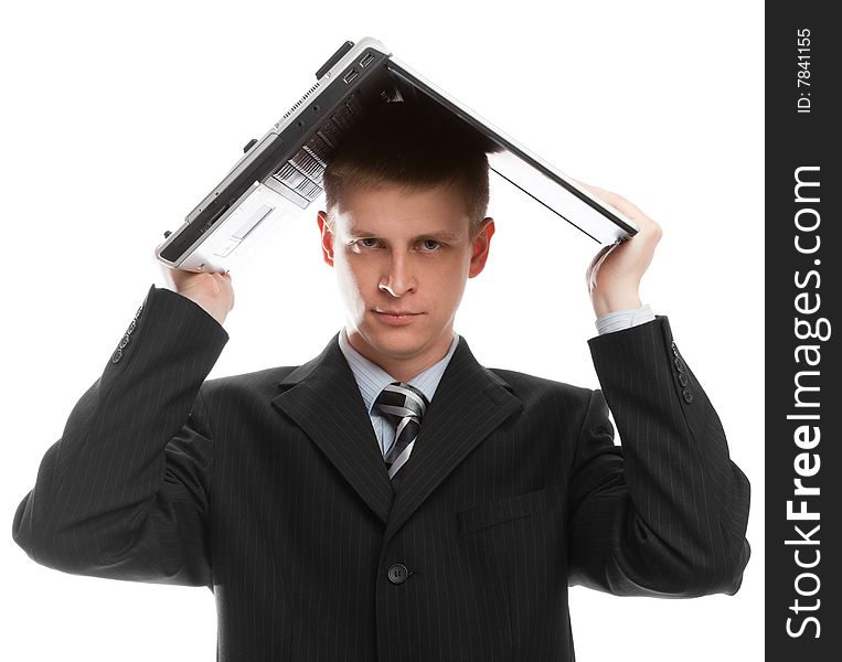 Man having laptop as a roof, isolated. Man having laptop as a roof, isolated