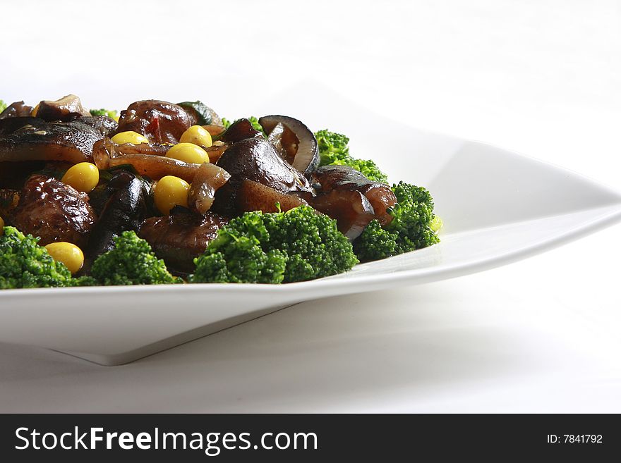 Chinese food, sea cucumber with mushroom and broccoli