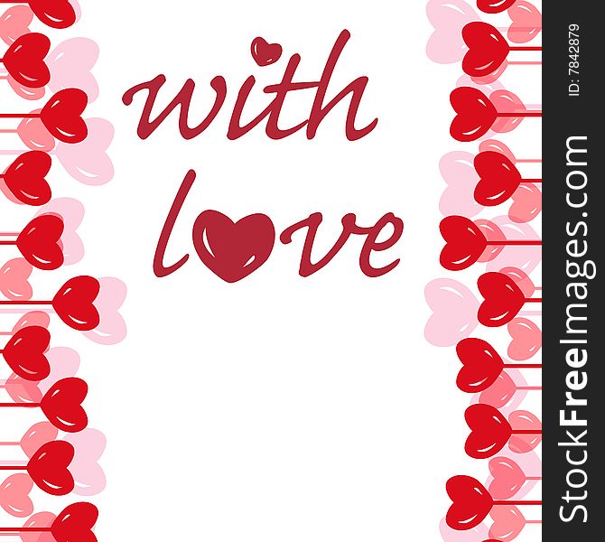 With love - Valentine background with much red hearts on white. Valentine frame and border.