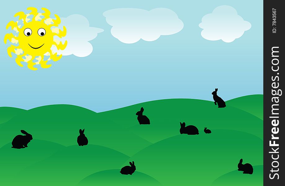 Rabbits on a landscape in a beautiful day in the sun. Rabbits on a landscape in a beautiful day in the sun