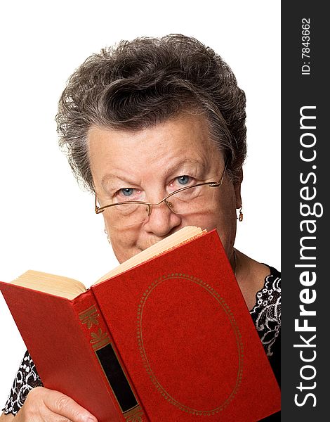 The old woman with the red book on a white background