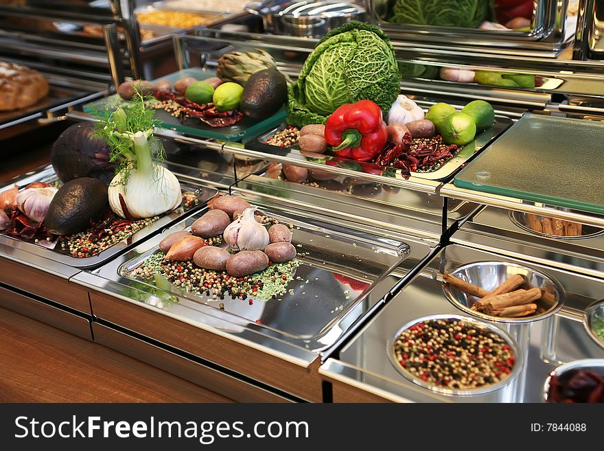 Different raw vegetables on reception table. Different raw vegetables on reception table