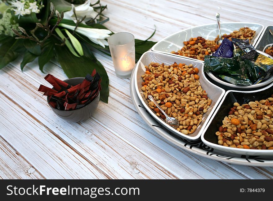 Nuts snack plate on table. Nuts snack plate on table