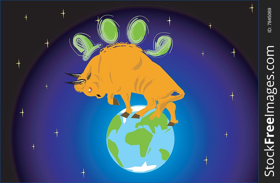 Gold(en) oxen symbol year strides on globe. Gold(en) oxen symbol year strides on globe