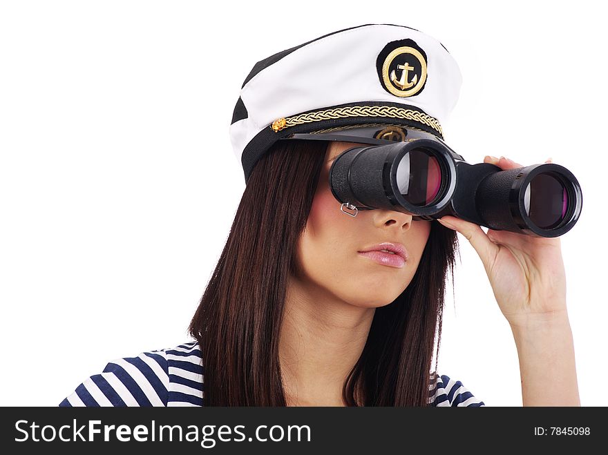 Woman looking through binoculars isolated on white. Woman looking through binoculars isolated on white