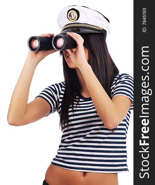 Woman looking through binoculars isolated on white. Woman looking through binoculars isolated on white
