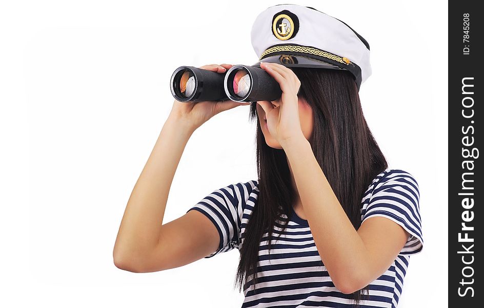 Woman looking through binoculars isolated on white. Woman looking through binoculars isolated on white