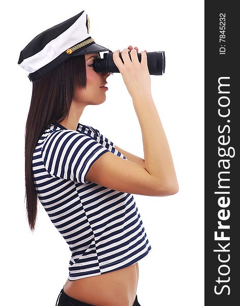 Woman looking through binoculars isolated on white. Woman looking through binoculars isolated on white