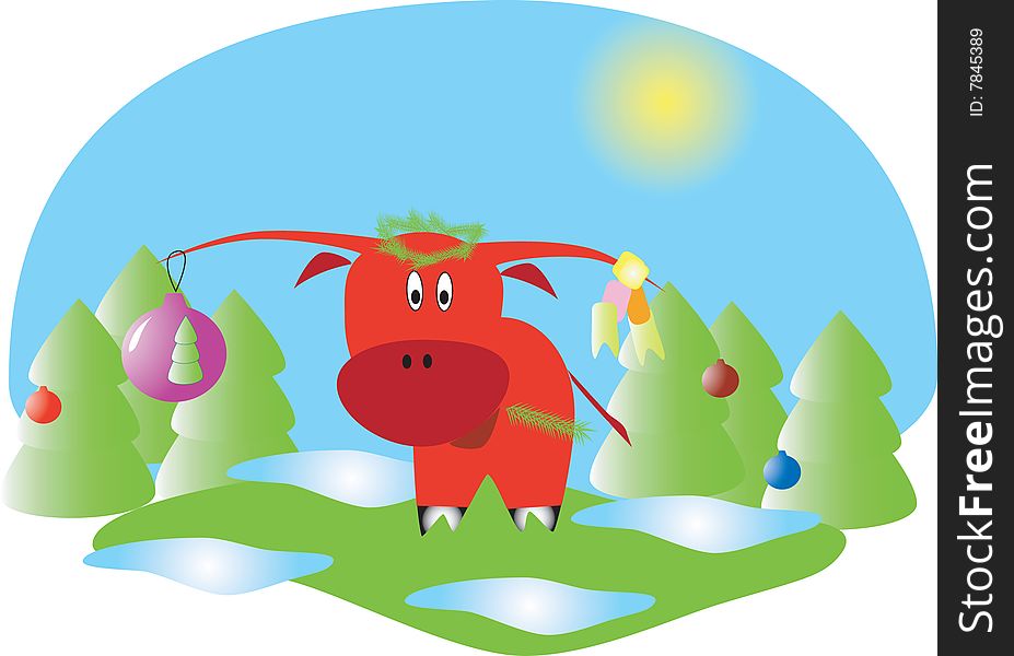 Small red oxen with   toy on horn on winter to glade. Small red oxen with   toy on horn on winter to glade
