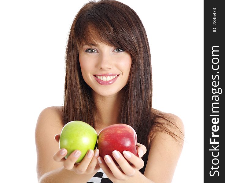 Beautiful girl holding apple. isolated background