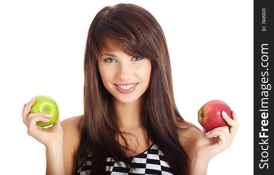 Beautiful girl holding apple. isolated background