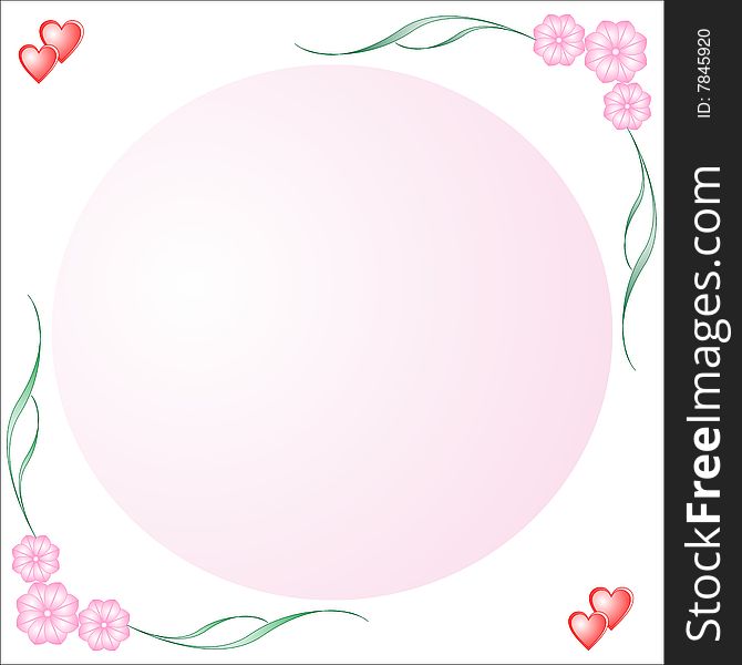 Red hearts, pink flowers and pink circle on a white background. Red hearts, pink flowers and pink circle on a white background.