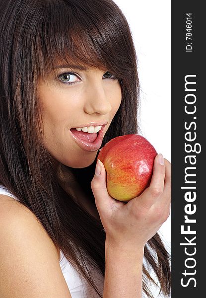 Beautiful girl holding apple. isolated background