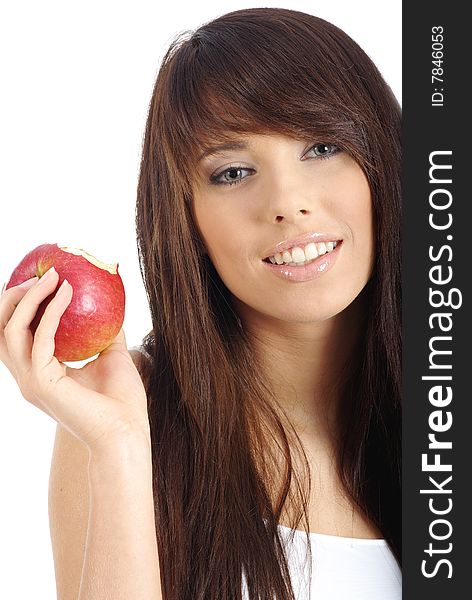 Beautiful girl holding apple. isolated background