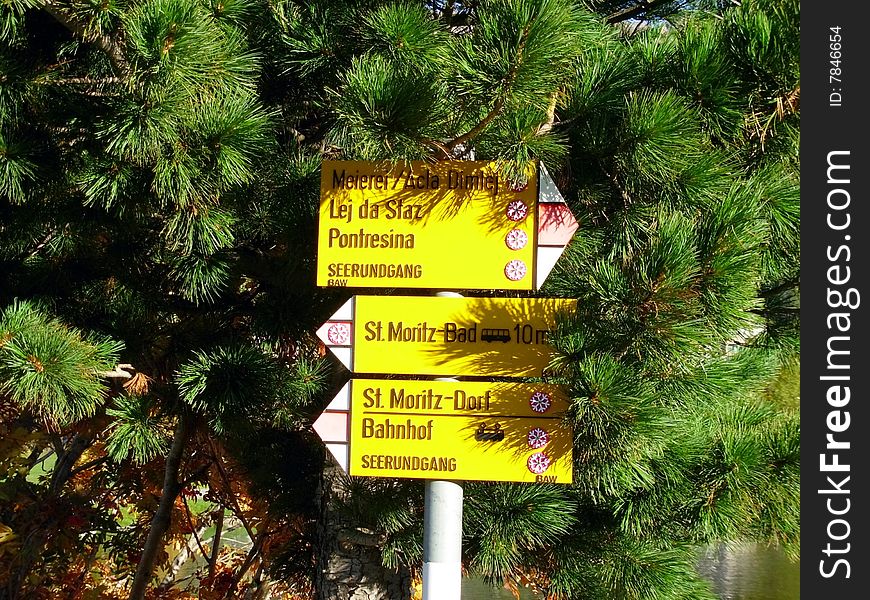 Direction sign in St. Moritz in Switzerland