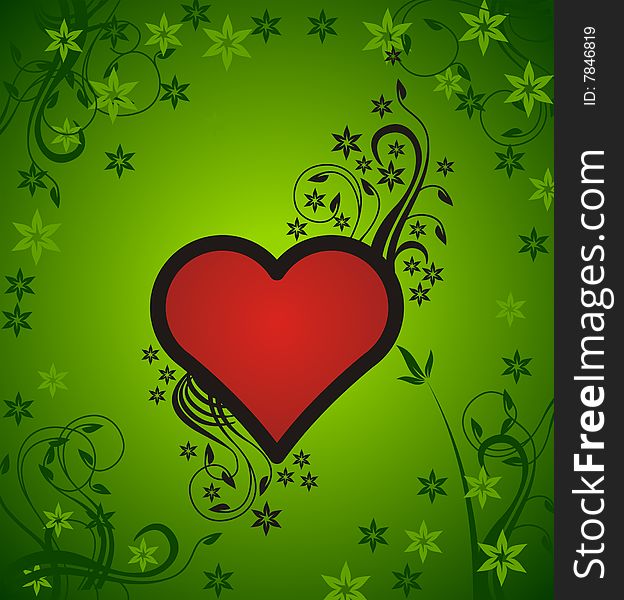 Heart with floral ornament on green background