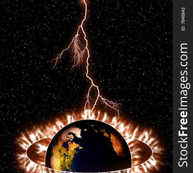 An illustration of the Earth being shocked by lightning from above. An illustration of the Earth being shocked by lightning from above.
