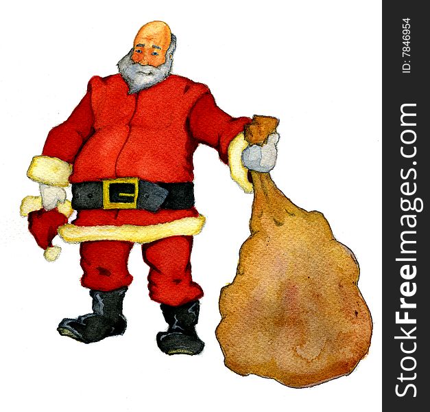 Watercolor illustration of Santa Clause and his famous bag of toys.