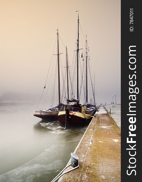 Sailing boat on a cold day in winter