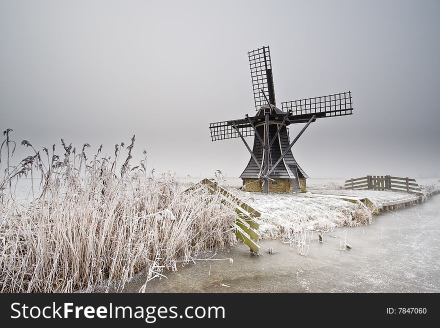 Beautiful winter windmill landscape in the Netherlands