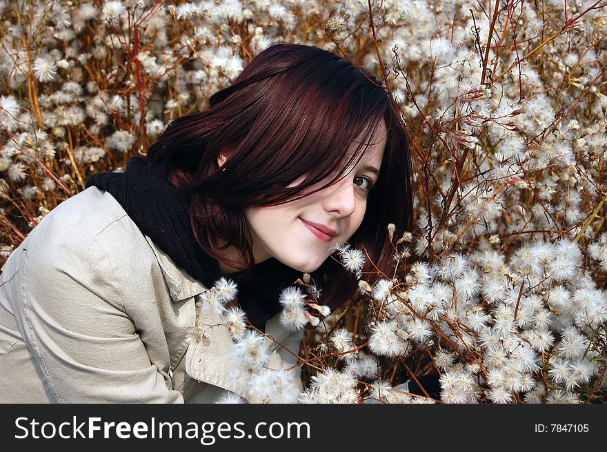 Beautiful girl dandelion land village