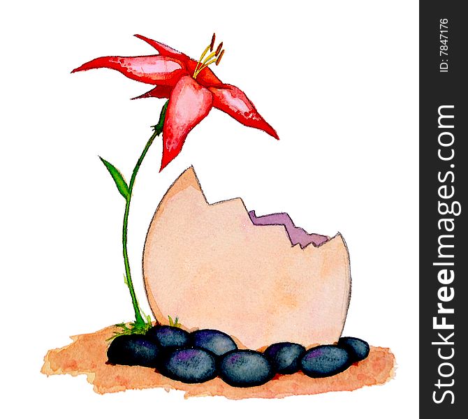 Watercolor illustration of a flower and egg surrounded by pebbles and sand. The egg is large enough to be a dinosaur or monster egg.