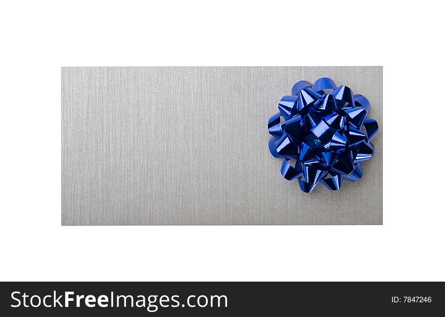 Silvery envelope with decoration blue bow on white background