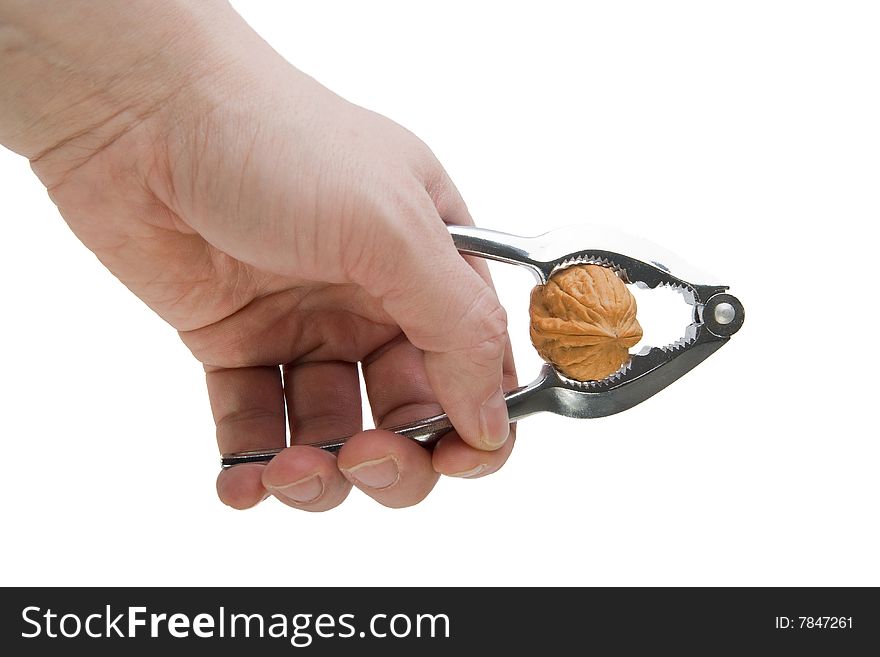 Man's hand cracking a walnut on white background